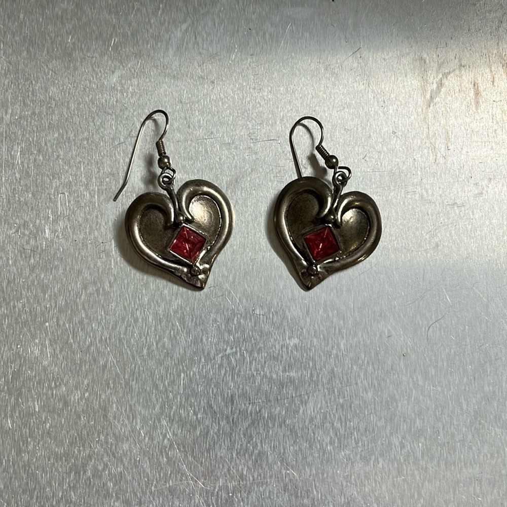 Silver Hearts with Pink Stone Earrings